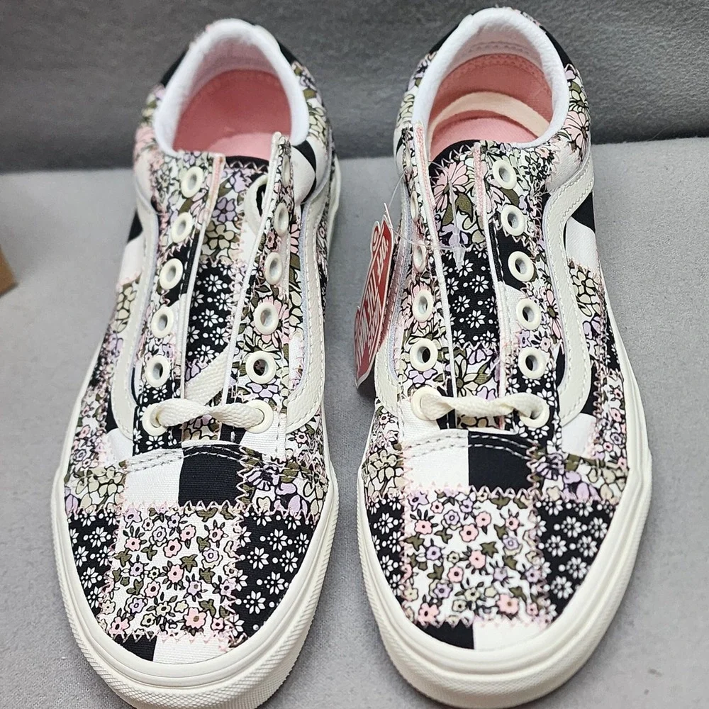 Vans Old Skool Floral Patchwork Checkerboard Sneakers‎ W 5 M 3.5 Black Pink NEW
